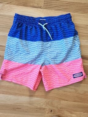 Vineyard Vines Kids Colorblock Swim Trunks in Navy, Light Blue & Pink